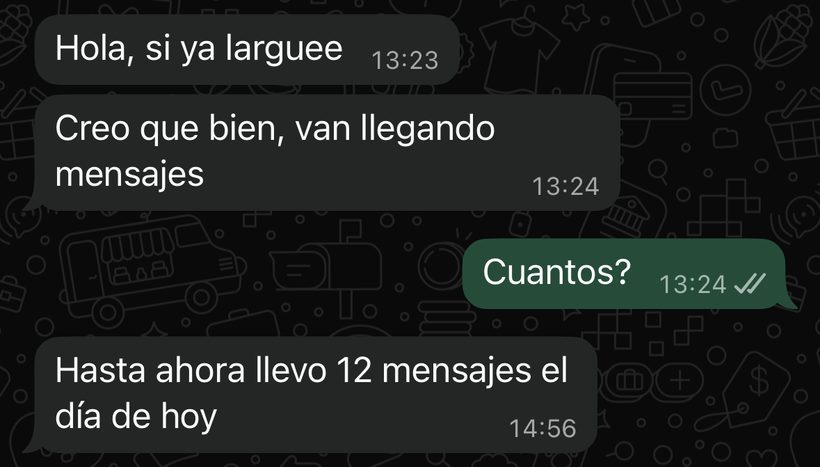 Mensajes de un cliente: van llegando mensajes. Hasta ahora llevo 12 mensajes el día de hoy.