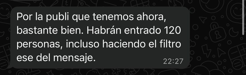 Mensaje de un cliente: habrán entrado 120 personas, incluso haciendo el filtro del mensaje.