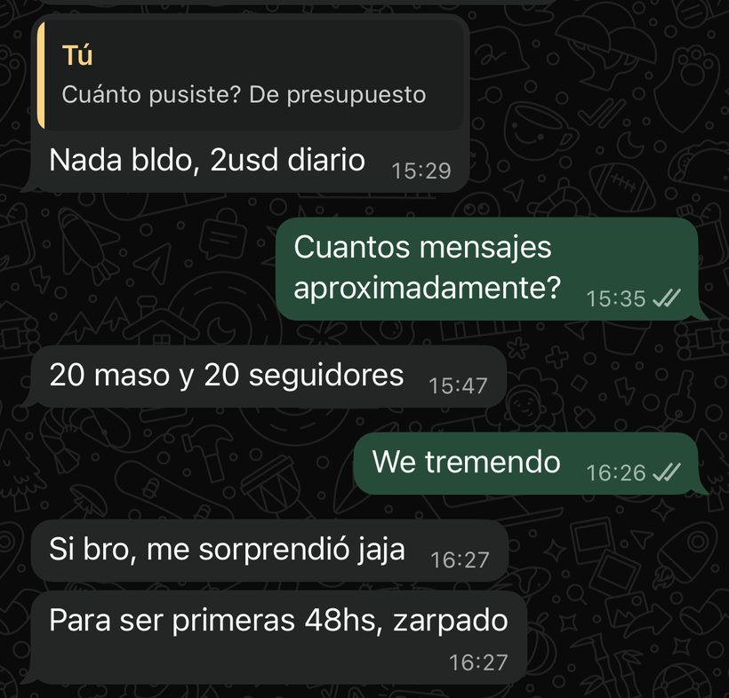 Mensajes de un cliente: 2 usd diario de presupuesto, 20 mensajes y 20 seguidores. Para ser primeras 48hs, zarpado.